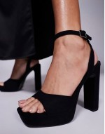 Wide Fit Naples platform barely there block heeled sandals in black suedette