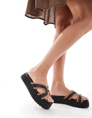 flatform sandals with strap in black raffia