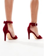 stiletto heeled sandals with embellished buckle in burgundy