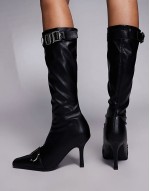 Halia Wide Fit heeled knee boots with buckle detail in black PU