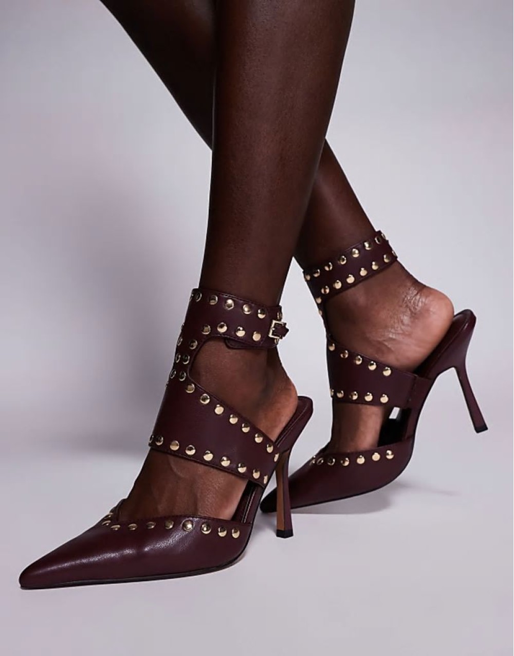 Wide Fit Power studded high heeled shoes in burgundy