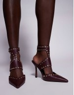 Wide Fit Power studded high heeled shoes in burgundy