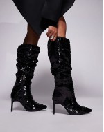 sequin heeled knee boot in black