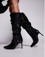 sequin heeled knee boot in black