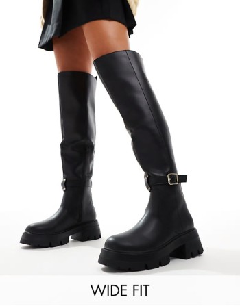 Zelda Wide Fit chunky sole over the knee boots with pocket detail in black