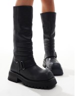 Quinn biker knee boots in black brushed leather