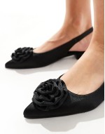 slingback rosette pointed toe flats in black