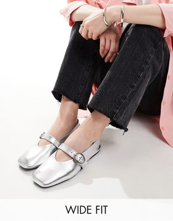 Wide Fit Luxe Premium Leather Mary Jane ballet in silver